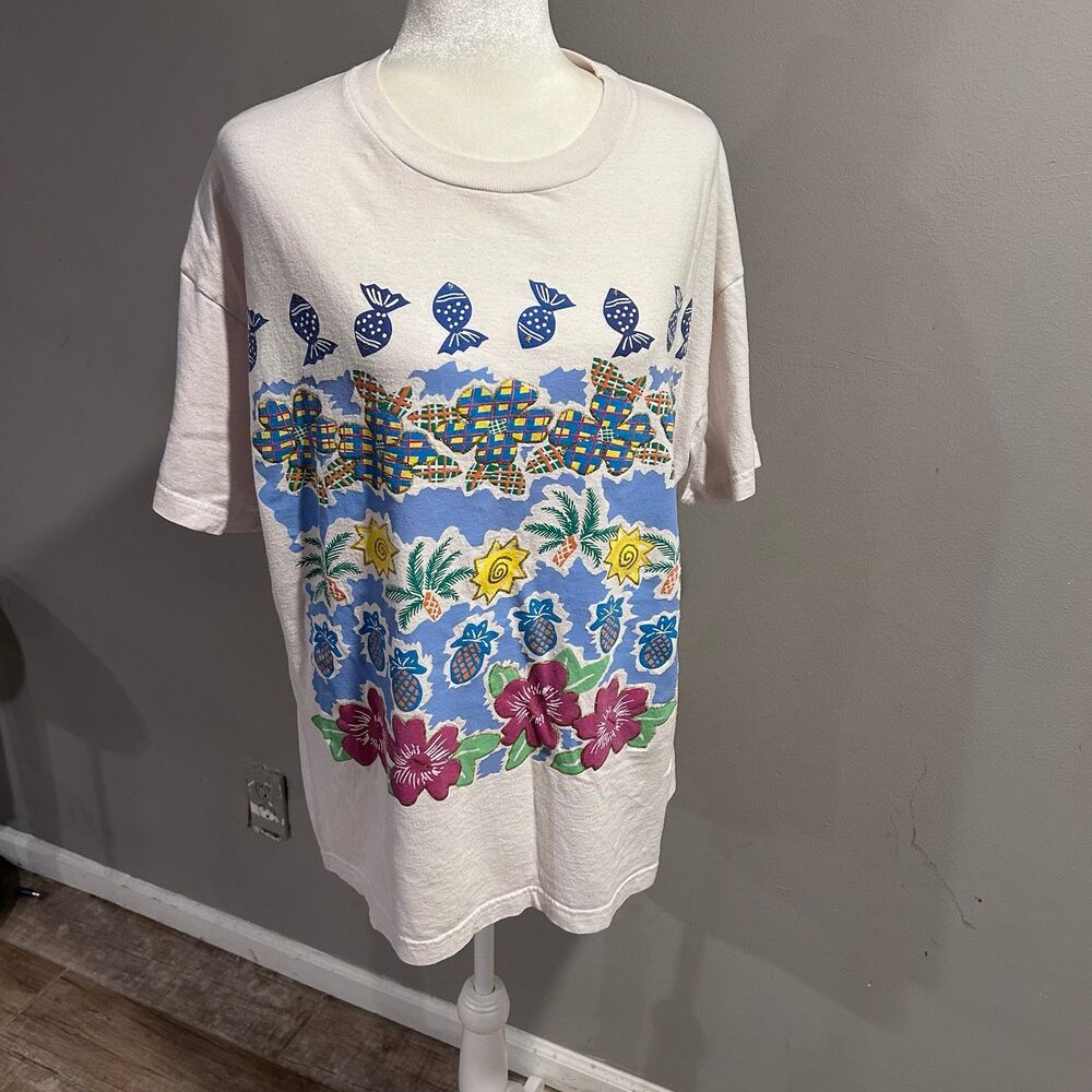 Vintage 80s Tropical Pineapple Palm Tree 2XL T-shirt Adult